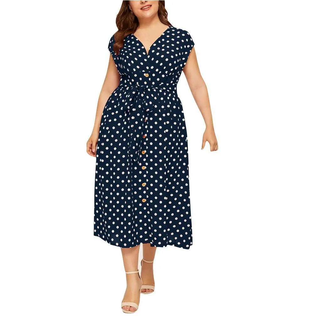 

Women's Large Size Polka Dot Dress V-neck Button Lace-up Waist Casual Elegant Fashionable plus Size Clothing