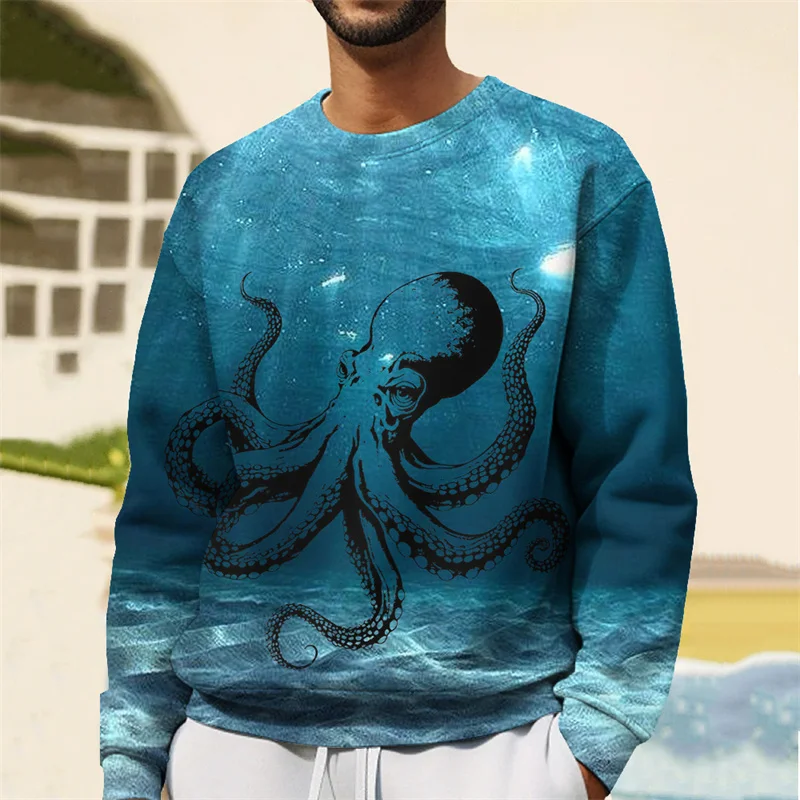 Tentacle Pattern Hoodie For Men Sea Animal 3D Printed Pullover Autumn Street Long Sleeve Loose Sweatshirt Round Neck Hoodies Top