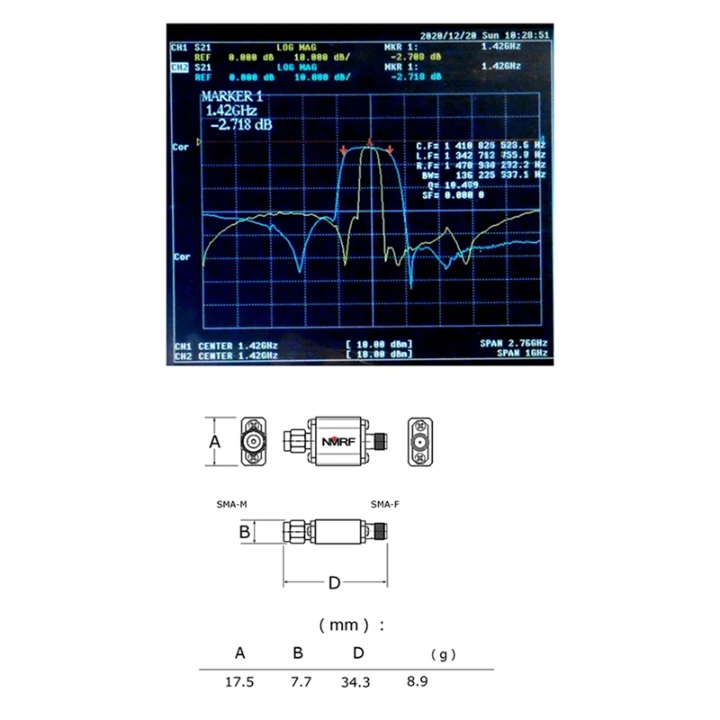AAA87 NMRF 1420 MHz Bandpassfilter SAW Bandpass SMA Schnittstelle 80 MHz Bandbreite SMA-M SMA-F Schnittstelle Bandpassfilterempfänger