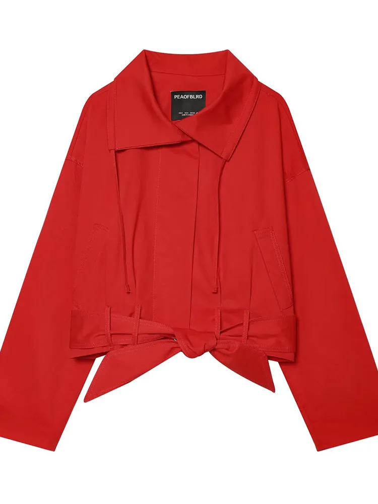 HH Damen Sommer Frühling Bestseller Rote Stehkragenjacke Vielseitige Kurze Jacke mit Gürtel für Büro und Alltag