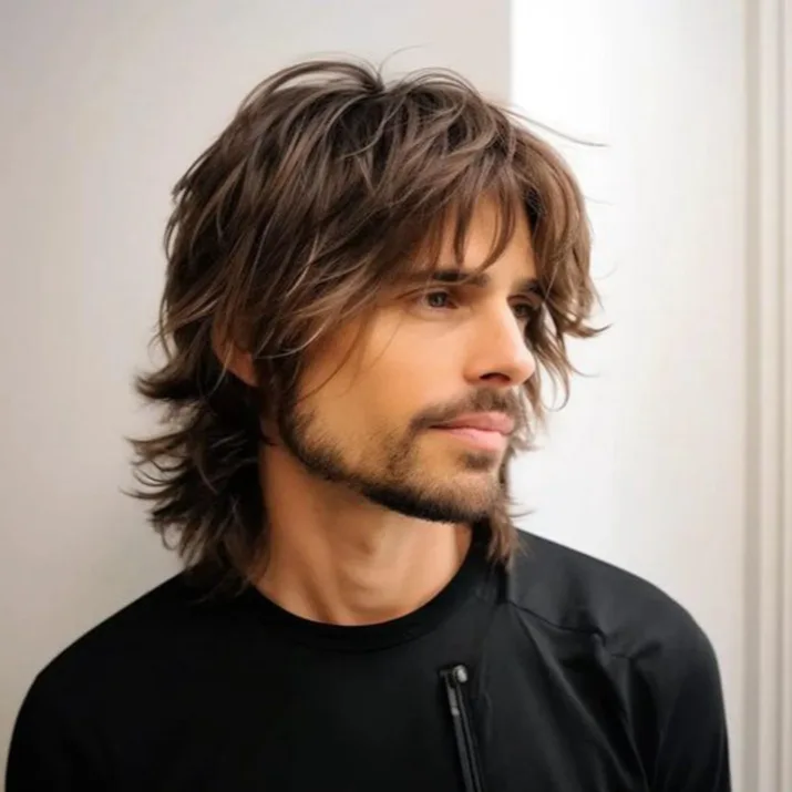 Dark Brown Synthetic Men Wig Layered Shag Mullet Long Fluffy Shaggy Wavy Bangs Cosplay Halloween Party Costume Role Play