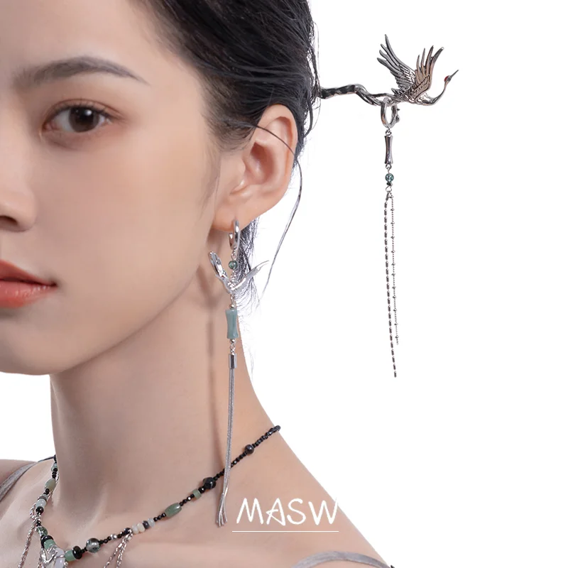 MASW Original Design Vintage Hairpin High Quality Brass Bird Red Crowned Crane Dangle Hairclip For Women Jewelry Hair Wearing