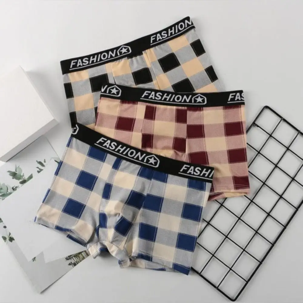

5PCS Simple Striped Grid Men Underwear Plaid Mid-Waist Boxer Shorts Letter Elastic Seamless Panties Male