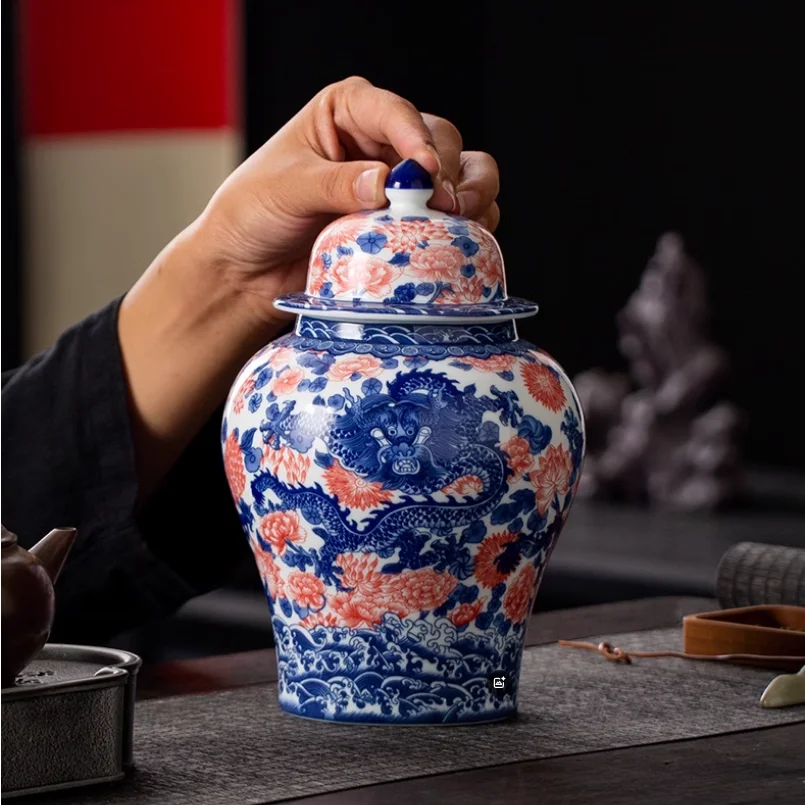 Jingdezhen Dragon Phoenix Blue and White Ceramic General Jar for Home Storage Tea can be used as a vase decoration