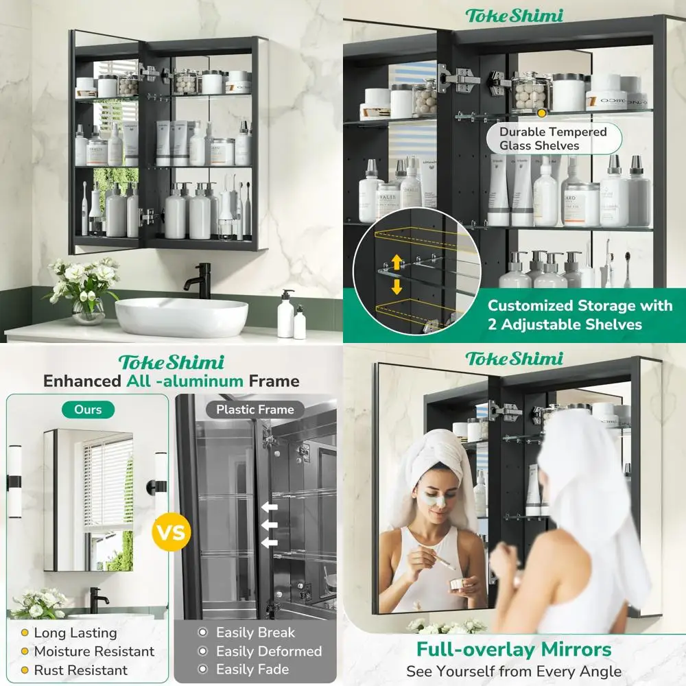

Aluminum Frameless Recessed Medicine Cabinet with Mirror, 16x26 inches, Full-Overlay Design for Bathroom