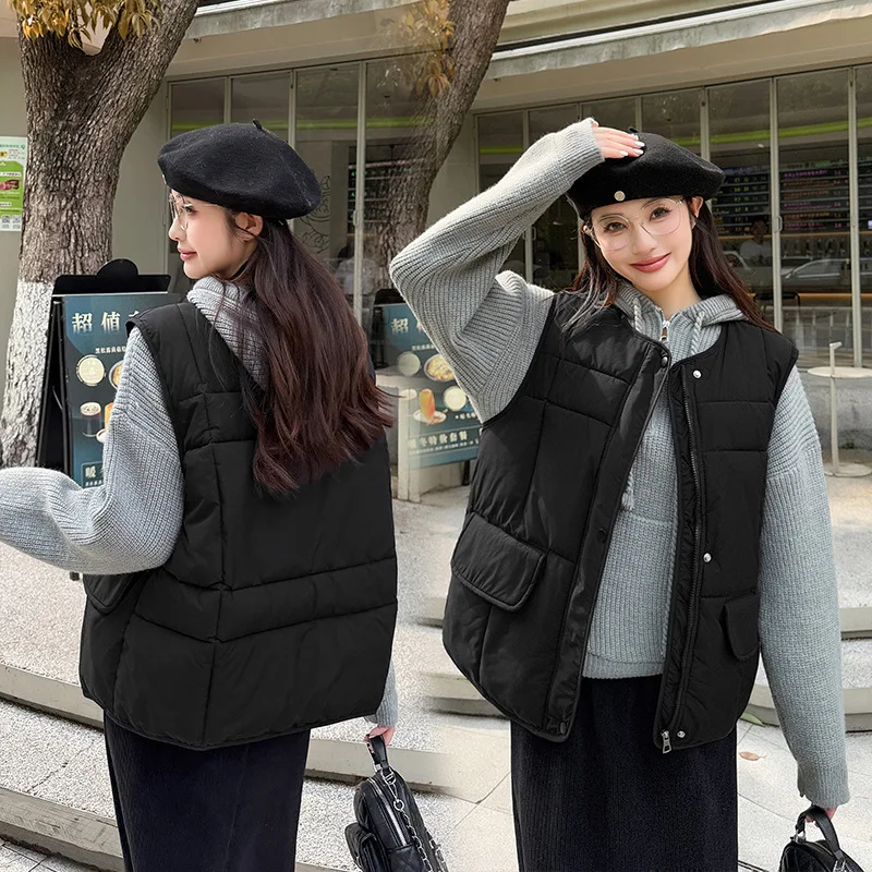 Winter katoenen vest effen patchwork mouwloze gewatteerde jas met enkele rij knopen voor dames vrijetijdsstijl