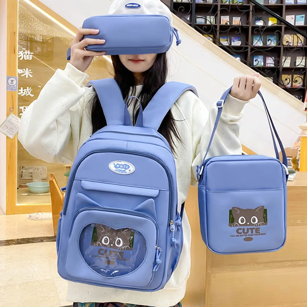 

3pcs/set Nylon Transparent School Backpack Large Capacity Waterproof Cute Cat School Bag Set Stationery Storage Solid Color