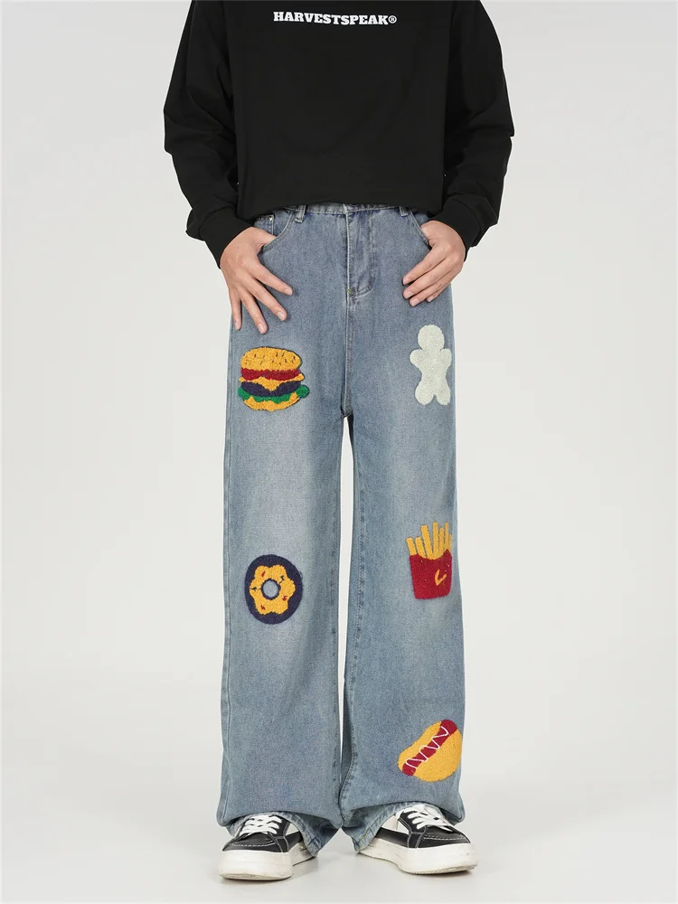 Calças Jeans Criativas Bordadas Estilo Americano, Largas e Soltas, Design Casual para Homens e Mulheres