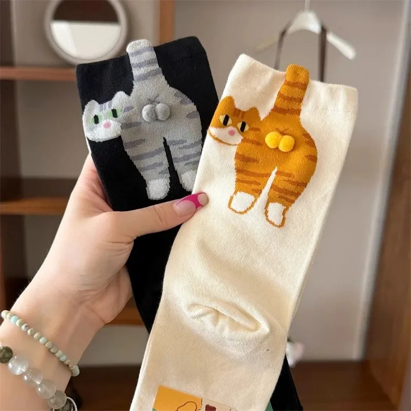 3D süße Katzensocken, schwarz/weiß, lustige Katzen-Baumwollsocken, atmungsaktiv, weich, bequem, ganzjährig lange Socken