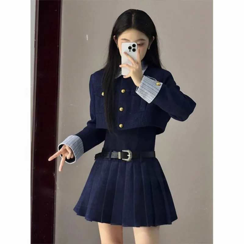 College Polo Neck Strip Patchwork Pleated Dress Jacket Two-piece Set Women Fashion Korean Temperament Artistic Slim Spring Suit