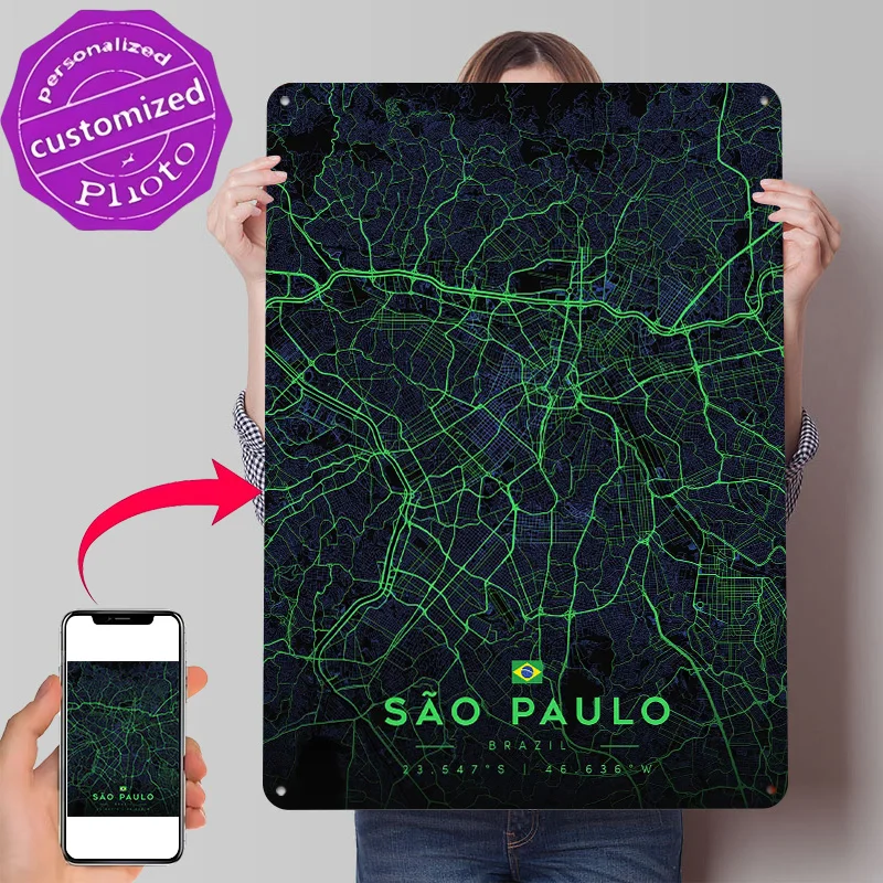 Sao Paulo City Map Art Tin Poster Customized Wall Art Retro Vintage Metal Signs for Fans Room Gaming Decoration Garage House
