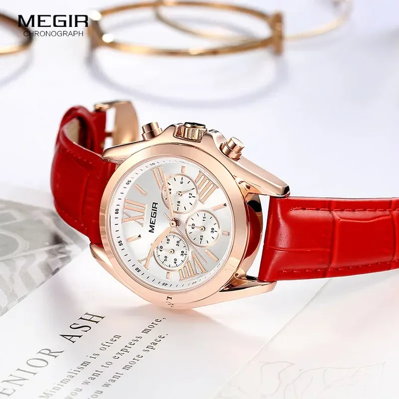 Megir feminino casual quartzo vermelho relógios cronógrafo pulseira de couro relógio de pulso de negócios para senhora relogios feminiinos 2114