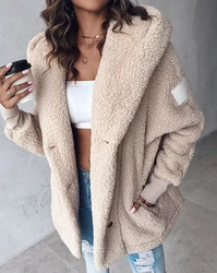 Hot Selling Women Jacket 2023 Autumn Winter New Fashion Casual Simple Buttoned Pocket Design Hooded Teddy Daily Coat