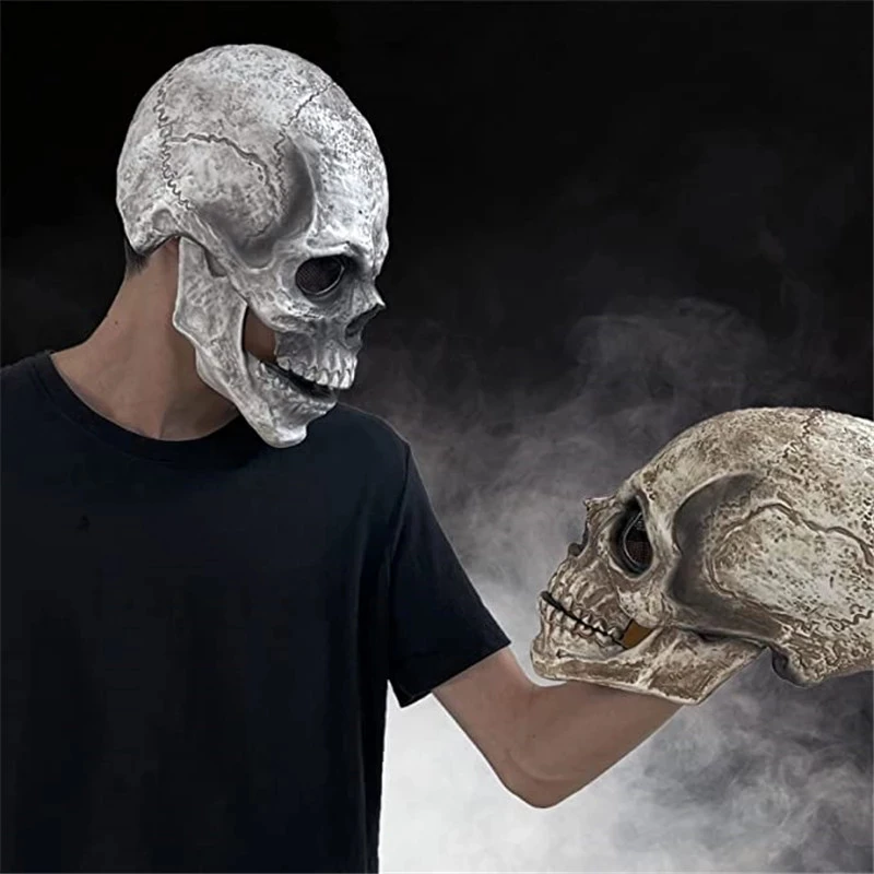 Creepy Halloween Full Head Skull Mask with Movable Jaw, Adult Entire Head Realistic Latex Helmet, Scary Skeleton