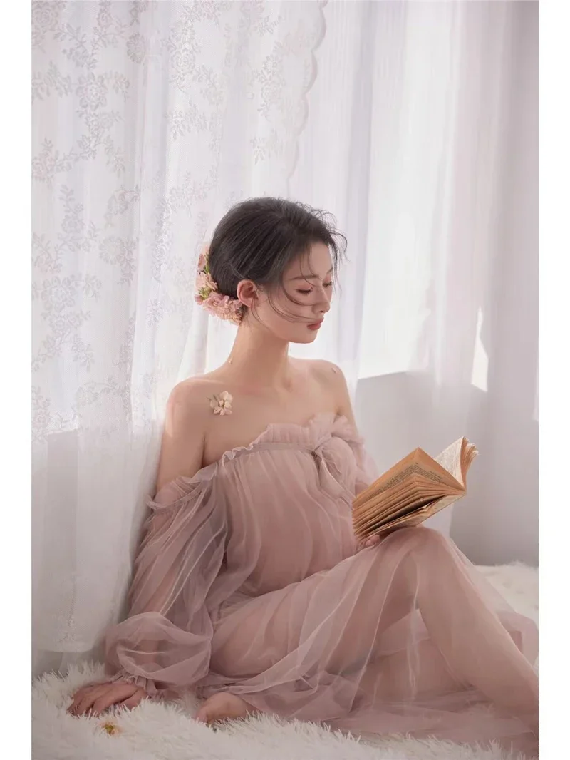 

Women Photography Props Maternity Dresses Pink Mesh Perspective Pregnancy Dress Studio Shoot Photoshoot Photo Clothes