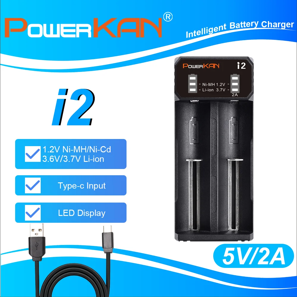 POWERKAN i2 Batterieladegerät mit LED-Anzeige für wiederaufladbare Li-ion 3.7V Ni-MH Ni-Cd 1.2V AA AAA Akkus USB 5V 2A 2 Schächte