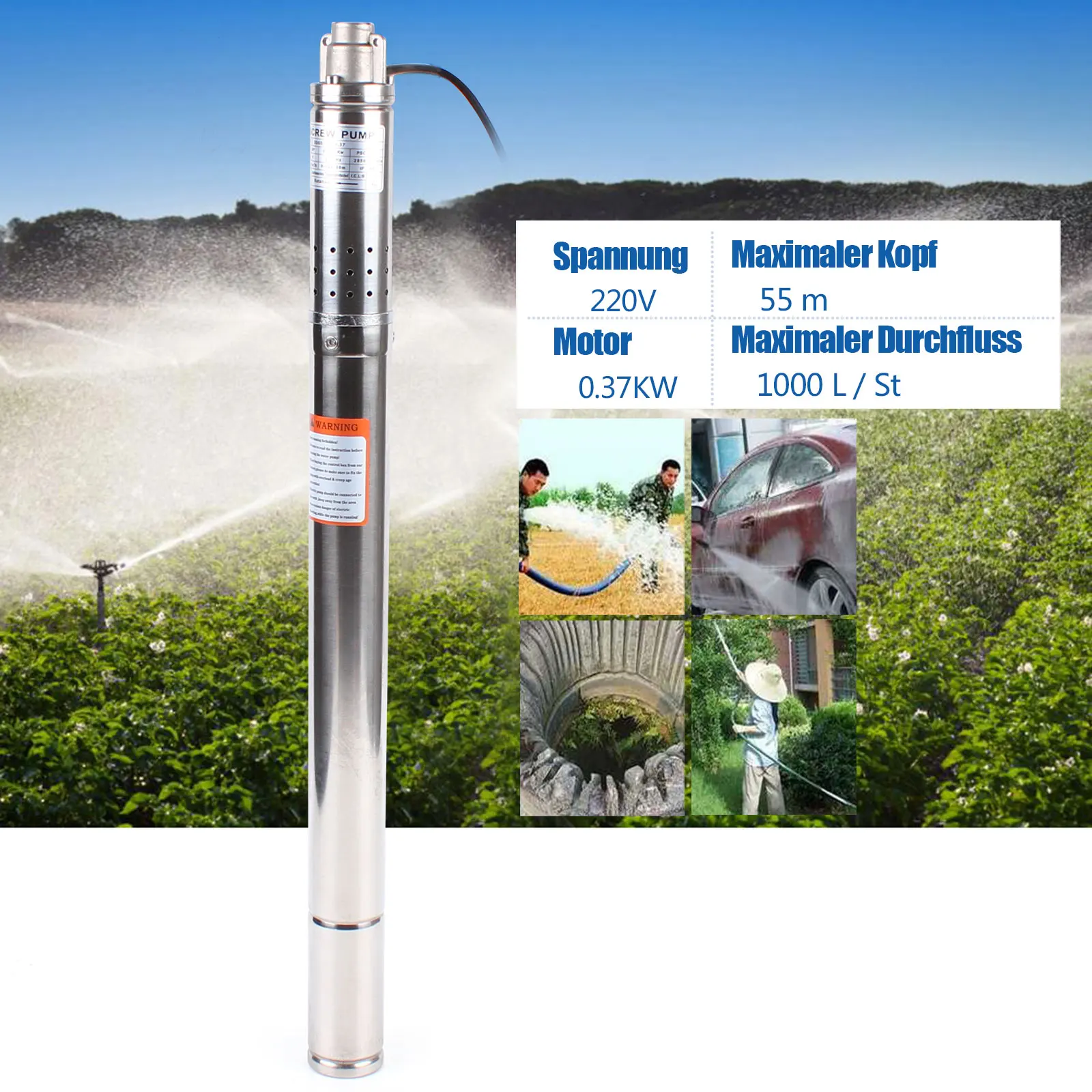 2inch 350w Deep Well Pump Pipe Pump Submersible  Pump Sand Compatible Garden Stainless Steel Pump Dive Max Flow Rate 1000 L/h