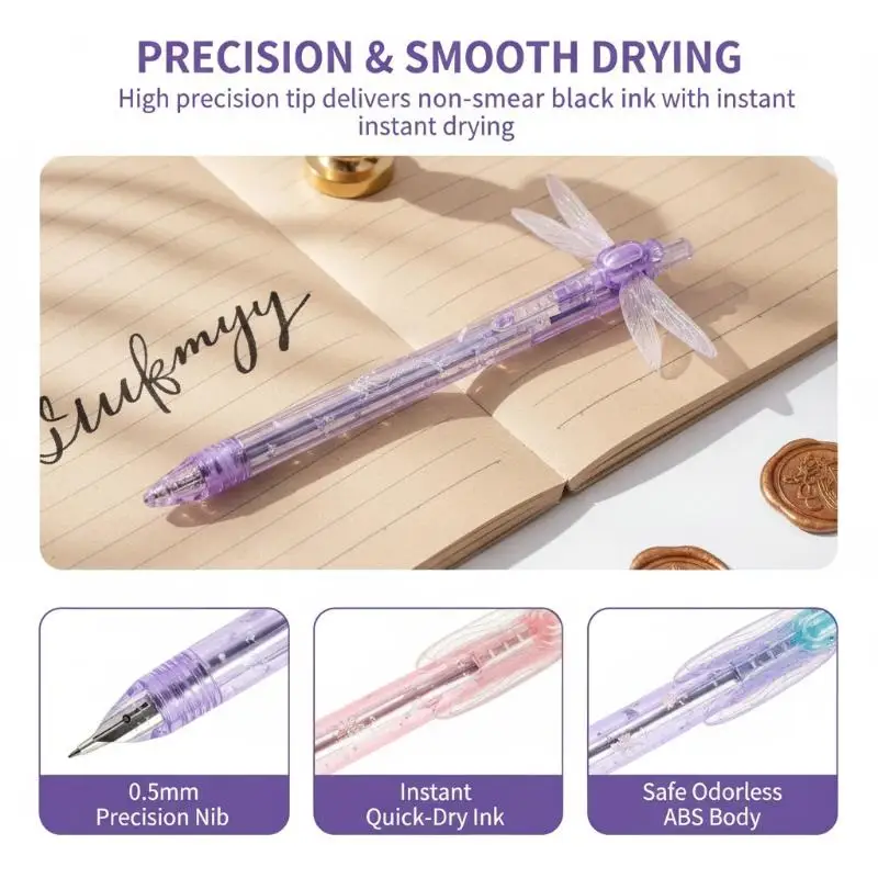Dragonfly Wing Click Pen Interesting Flip Wing Design Smooth Black Ink Pen for School Office Work Supplies