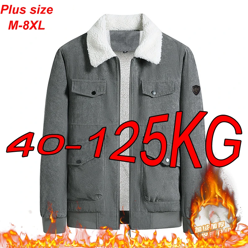 Men's Thick Cotton Coat Plus Size M-8XL Autumn and Winter Corduroy Middle-aged Lapel Outdoor Warm Oversize Long-sleeved Jackets