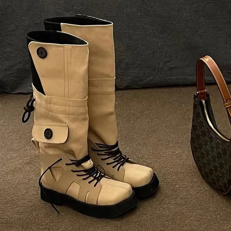 New Vintage Meadow Brown Women Square Toe Lace Up Knee High Stacked Boots, Streetwear Thick Sole Fold Over Tall Fashion Boots