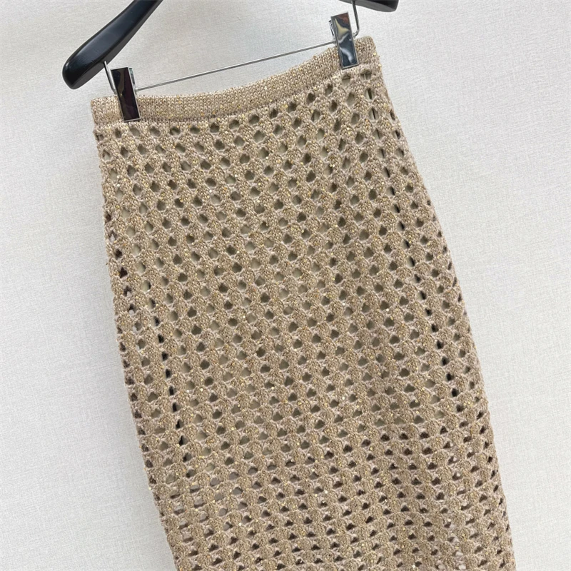 Women's skirt New Elastic knitted hollow out long skirt for autumn 2025 slim fit women's half skirt wool blend pencil skirt y2k