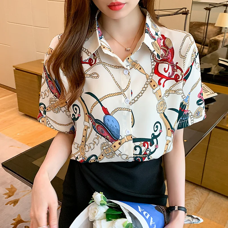 

Real Shot Short Sleeve Chiffon Shirt Women's New Chain Printed Shirt 2023 New Fashion High Sense Summer Top