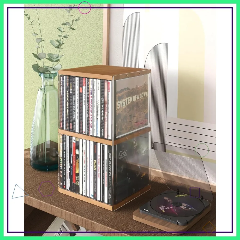 

2 Pack Retro Walnut CD Rack Holds 30 Cases, Desk Organizer for Theatre Room Storage