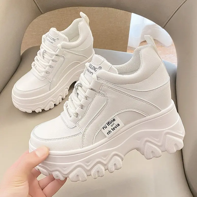 New Women Leather Platform Sneakers Spring Trainers White Shoes 9CM High Heels Wedge Outdoor Sport Shoes Breathable Casual Shoes