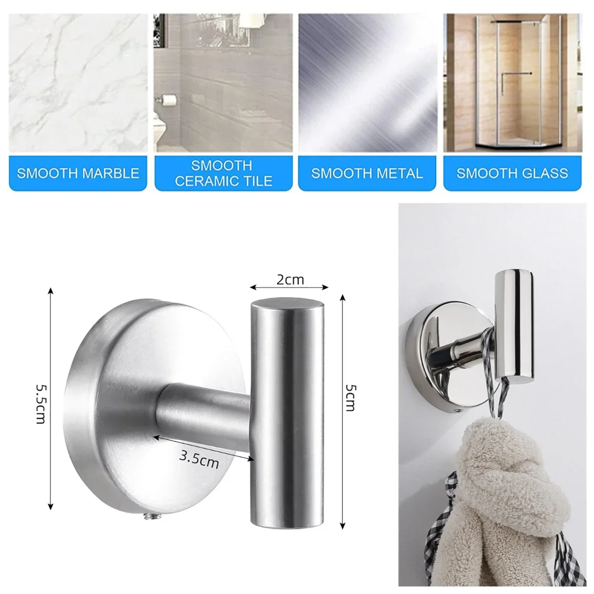 2Pcs Stainless Steel Towel Hooks Wall Mount Towel Holder Matte Wall Robe Hooks Door Hanger Towel Hook for Kitchen Bedroom Hotel