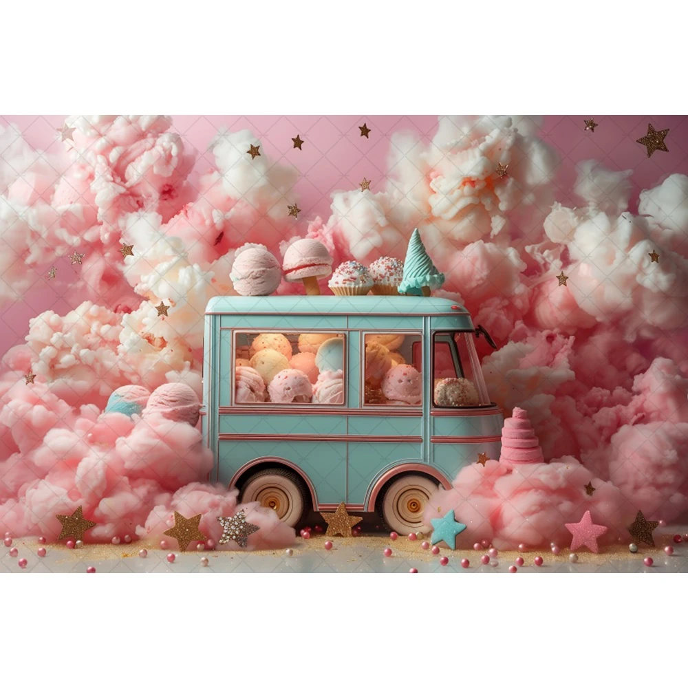 Ice Cream Truck Girls Studio Cake Smash Background Pink Cloud Decoration Sweet Birthday Party Backdrop Newborn Photoshoot Photos