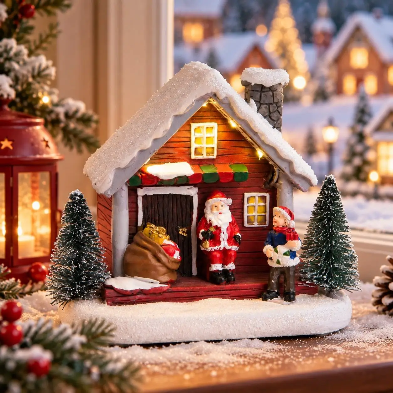 Weihnachtsdorf-Szene Schneehaus Beleuchtete Weihnachtsmann-Figur Hütte Weihnachtsbaum-Dekoration Warmes Licht Tischdekoration Weihnachtsdekoration – Detail 1