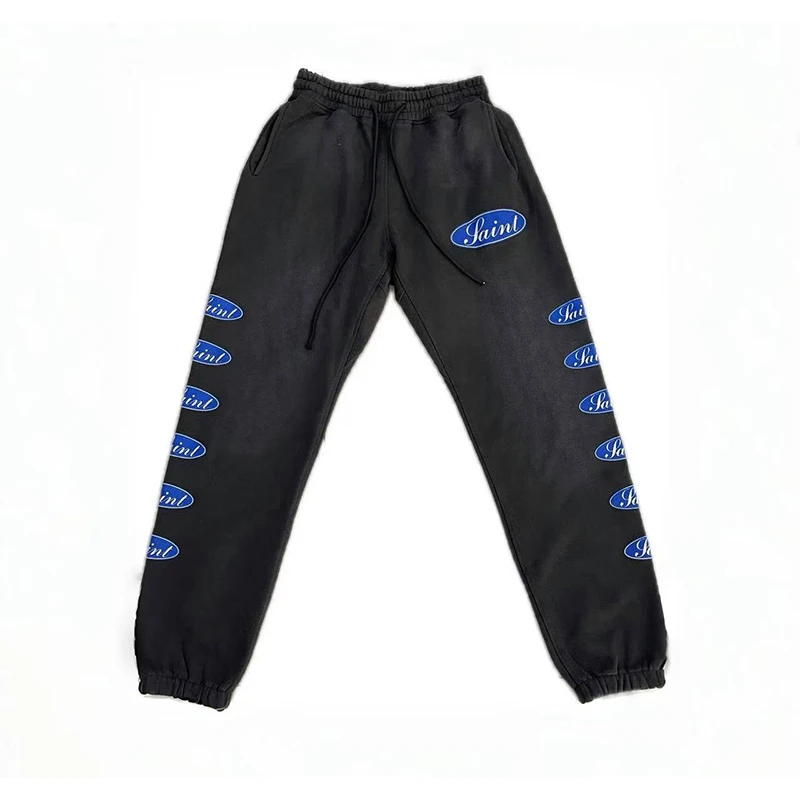 

Blue Cracked Box Logo Print Saint Sweatpants Men Women Vintage Washed Black Jogger Drawstring Casual Pants Cotton Loose Trousers