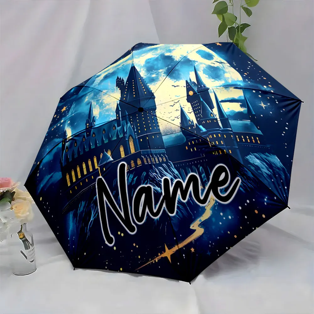 Custom Name Magical Night Castle Umbrella Design 8 Iron Ribs Folding Umbrella Auto-Open Fashionable Sunshade Deluxe Gift