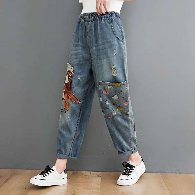 Cartoon Litter Girl Embroidery Denim Pants For Women Trendy Hole Casual High Waist Breeches Pockets Mom Harem Blue Jeans