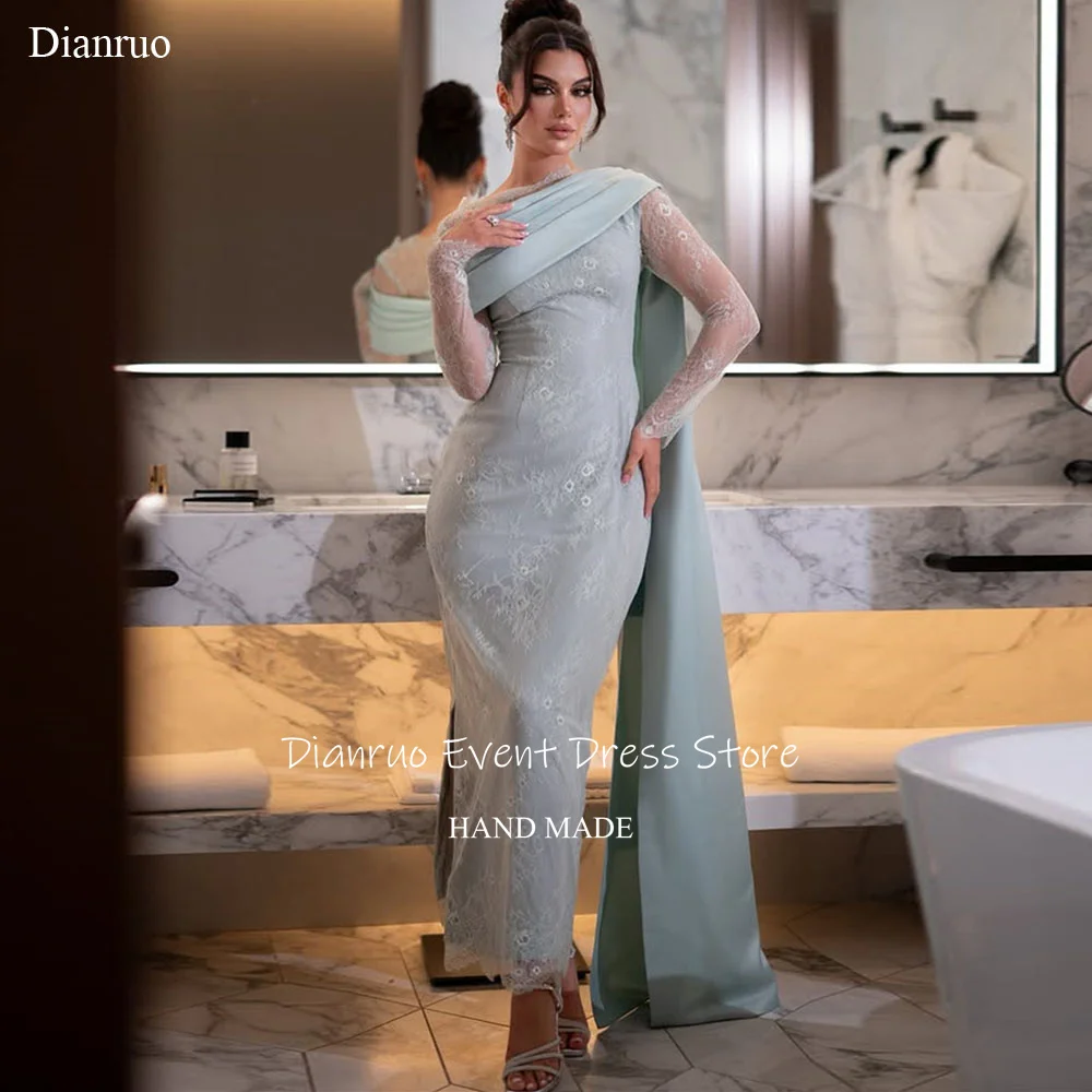 

Dianruo Lace O Neck Evening Dress Appliques Mermaid Vestidos De Noche Ankle Length Fitted Illusion Abendkleider Dubai Customized