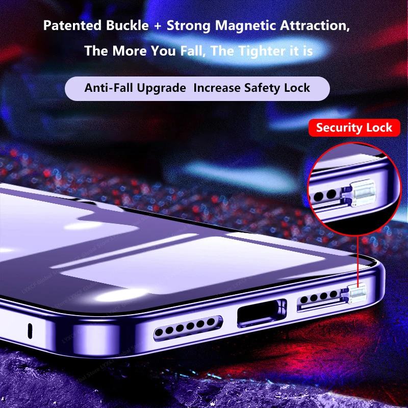 360° Double Sided Glass Magnetic Adsorption Metal Snap Lock Case For iPhone 15 14 16 13 12 11 Pro Max Camera Lens Protect Cover