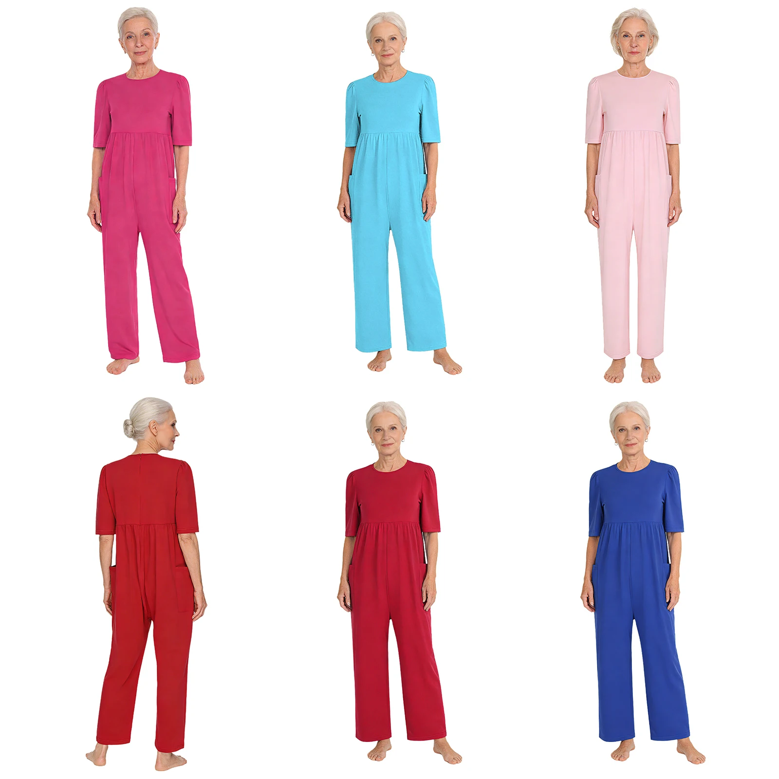 

Womens Elderly Special Need Adaptive Jumpsuit Short Sleeve Back Zipper Anti-Strip Jumpsuit for Alzheimers Dementia Patient