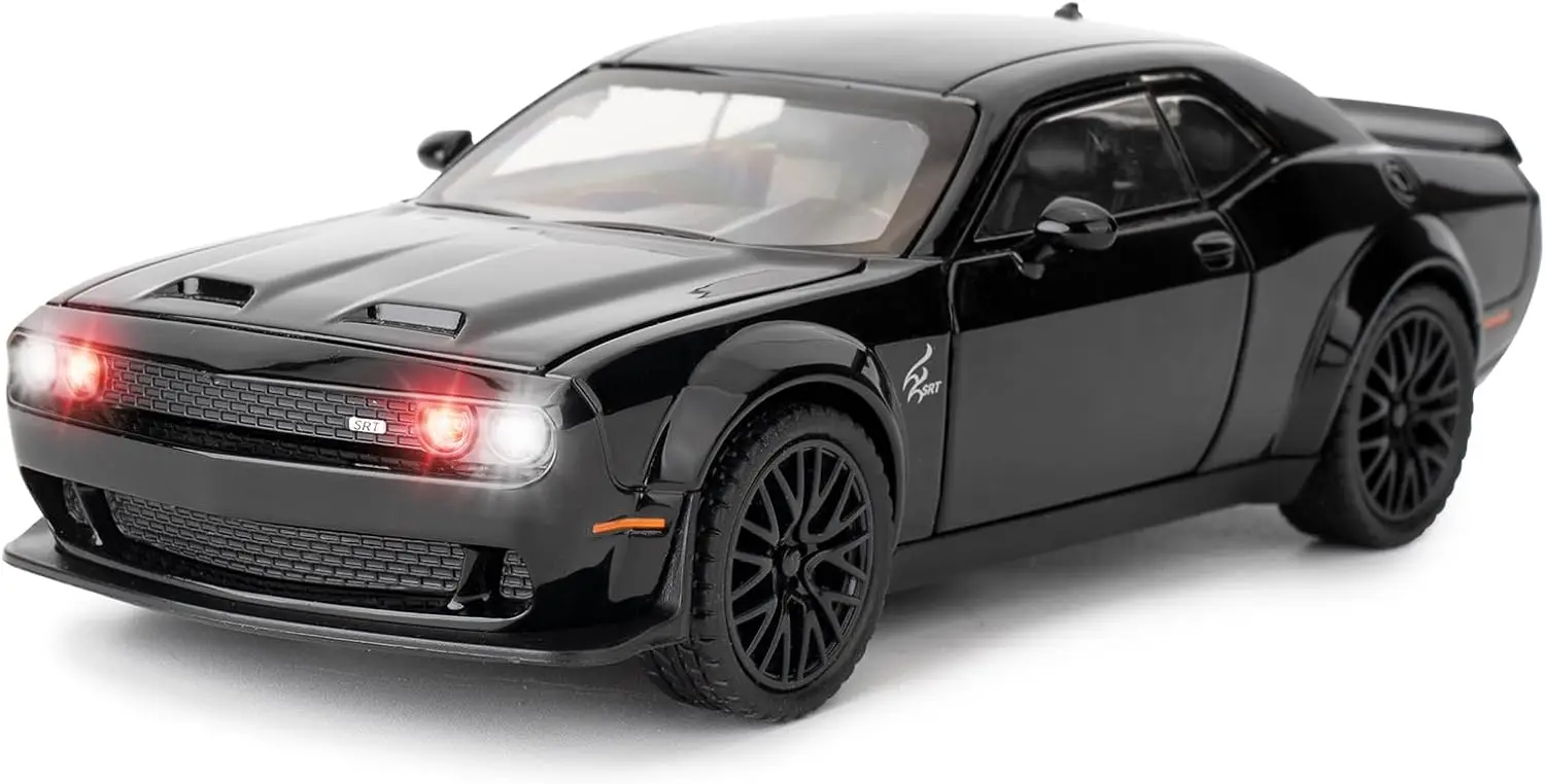 1/32 ダッジ チャレンジャー ヘルキャット モデルカー、亜鉛合金プルバック式おもちゃの車、サウンドとライト付き、子供、男の子、女の子へのギフト（ブラック）