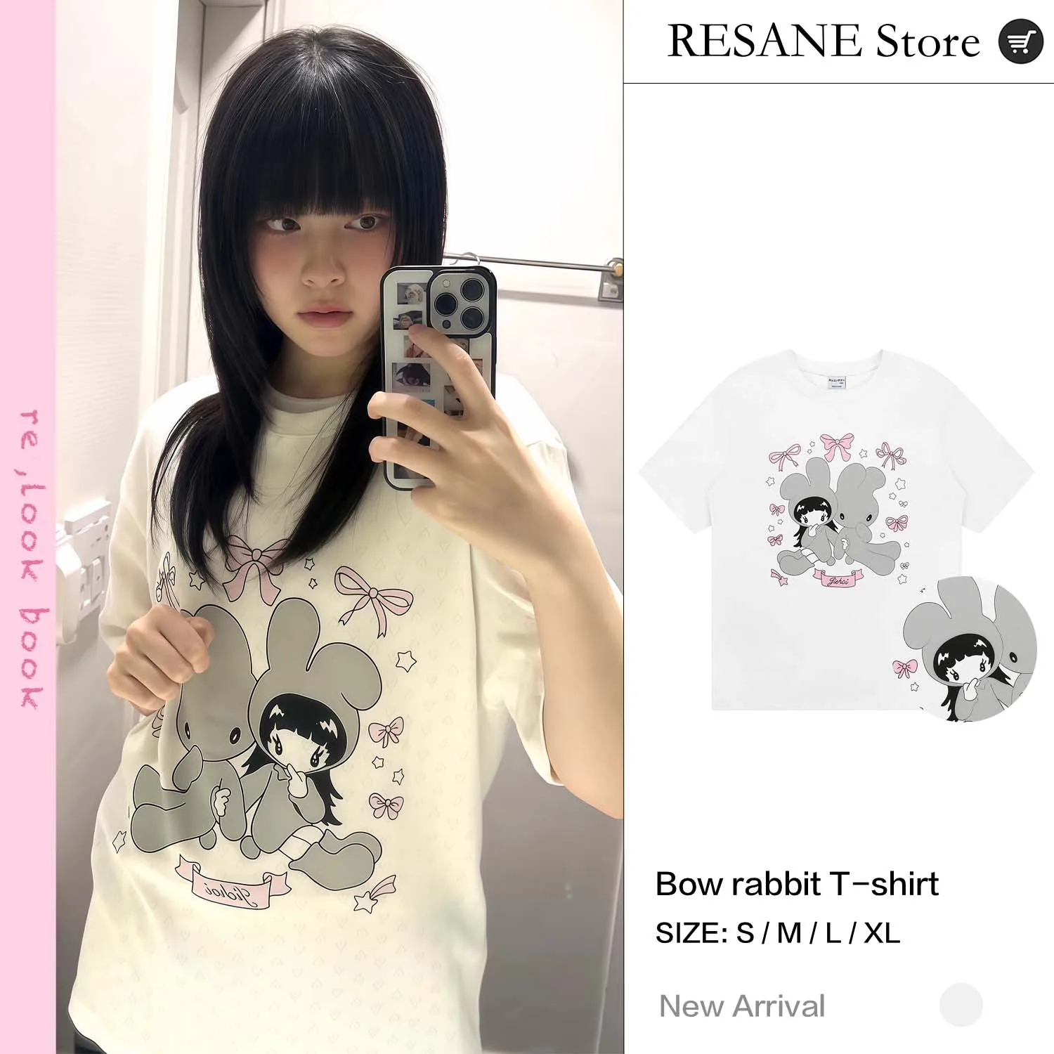 [REKon ТеNa] جينز جديد مخصص بنفس النمط لطيف رائع فتاة الأرنب طباعة س الرقبة ملابس علوية حلوة وجذابة 100٪ قطن قصير sl