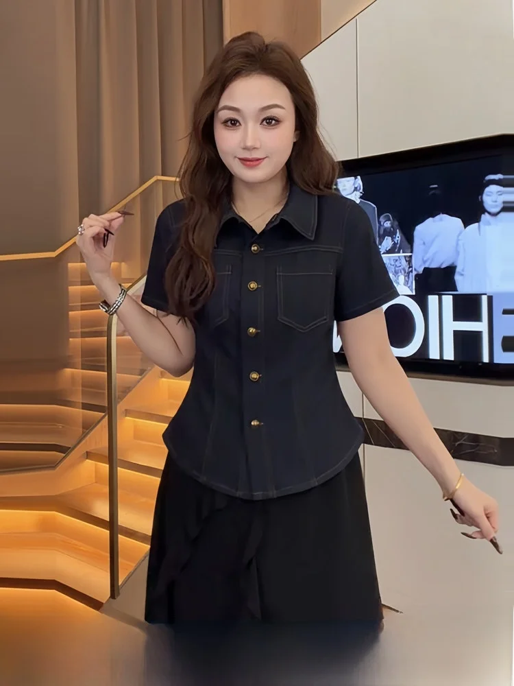 

Модный ретро-комплект для женщин больших размеров: летняя юбка и топ с коротким рукавом, джинсовая юбка А-силуэта с высокой талией и пуговицами, в корейском стиле