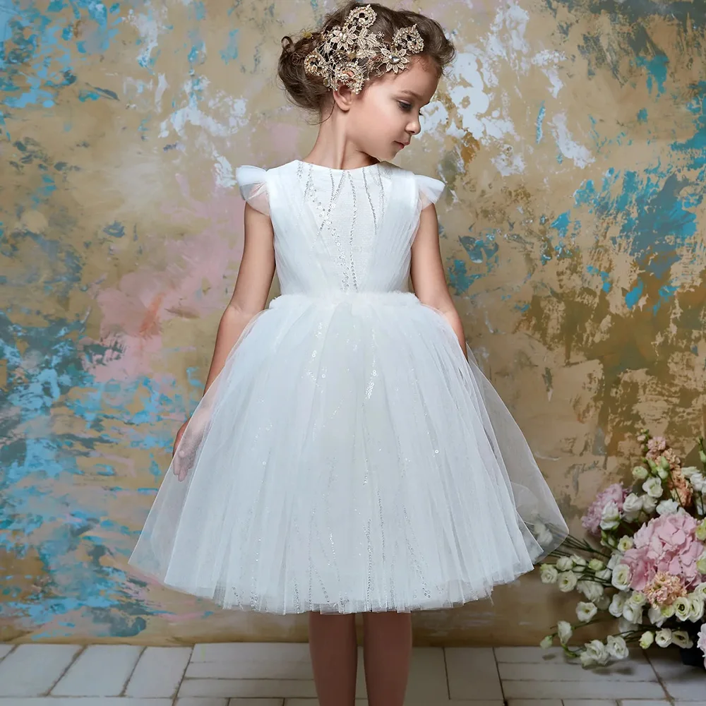 

Simple A-Line Flower Girls Dresses Exquisite Sequined Puffy Tulle Pageant Gowns O-Neck Ruched Knee-Length First Communion Dress