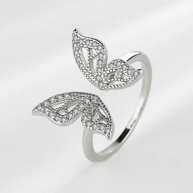 Fashion Butterfly Ring Luxury Shiny Opening Crystal Rings for Women Girls New Design Cocktail Party Jewelry Gift Wholesale