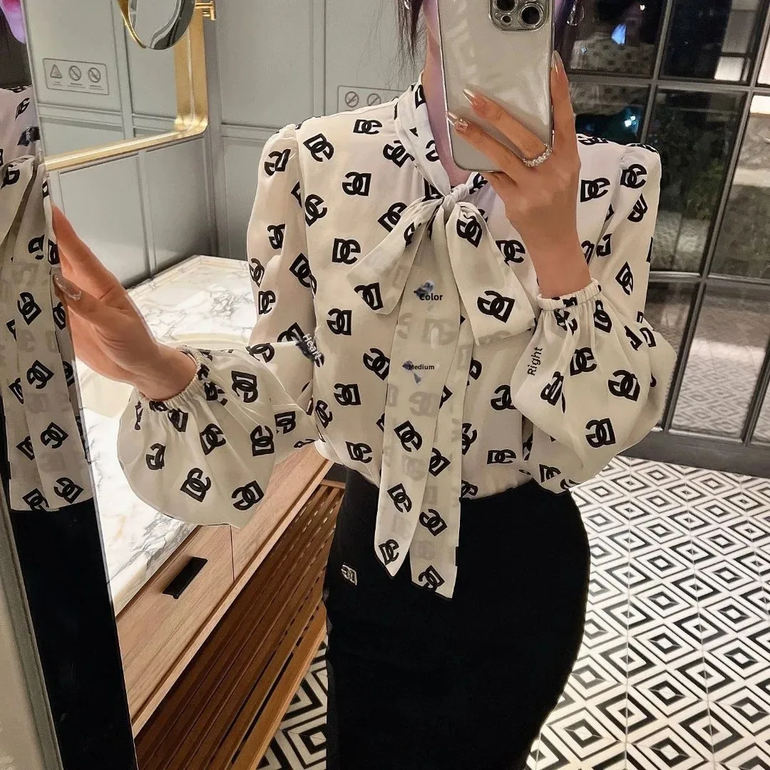 British Style Early Spring Black White Letter PrintLOGO Silk-Satin Surface ShirtTop For Women With Scarf Collar Nonspecific Bran