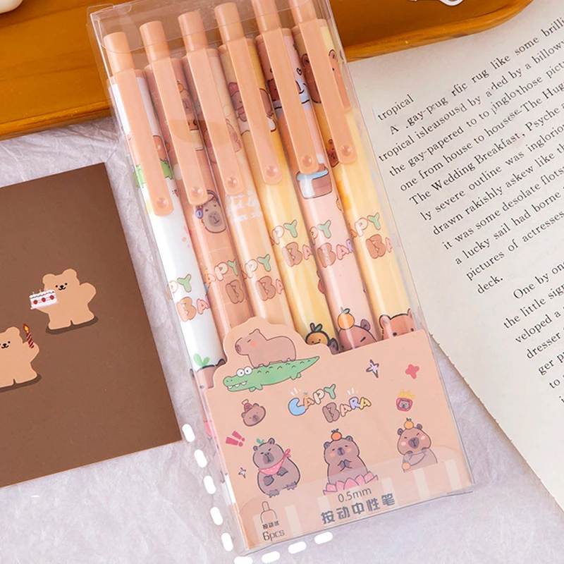 6Pcs Cute Cartoon Capybara Gel Pen Writing Smooth Quick-Drying Neutral Pens School Supplies Kawaii Student Stationery Gifts