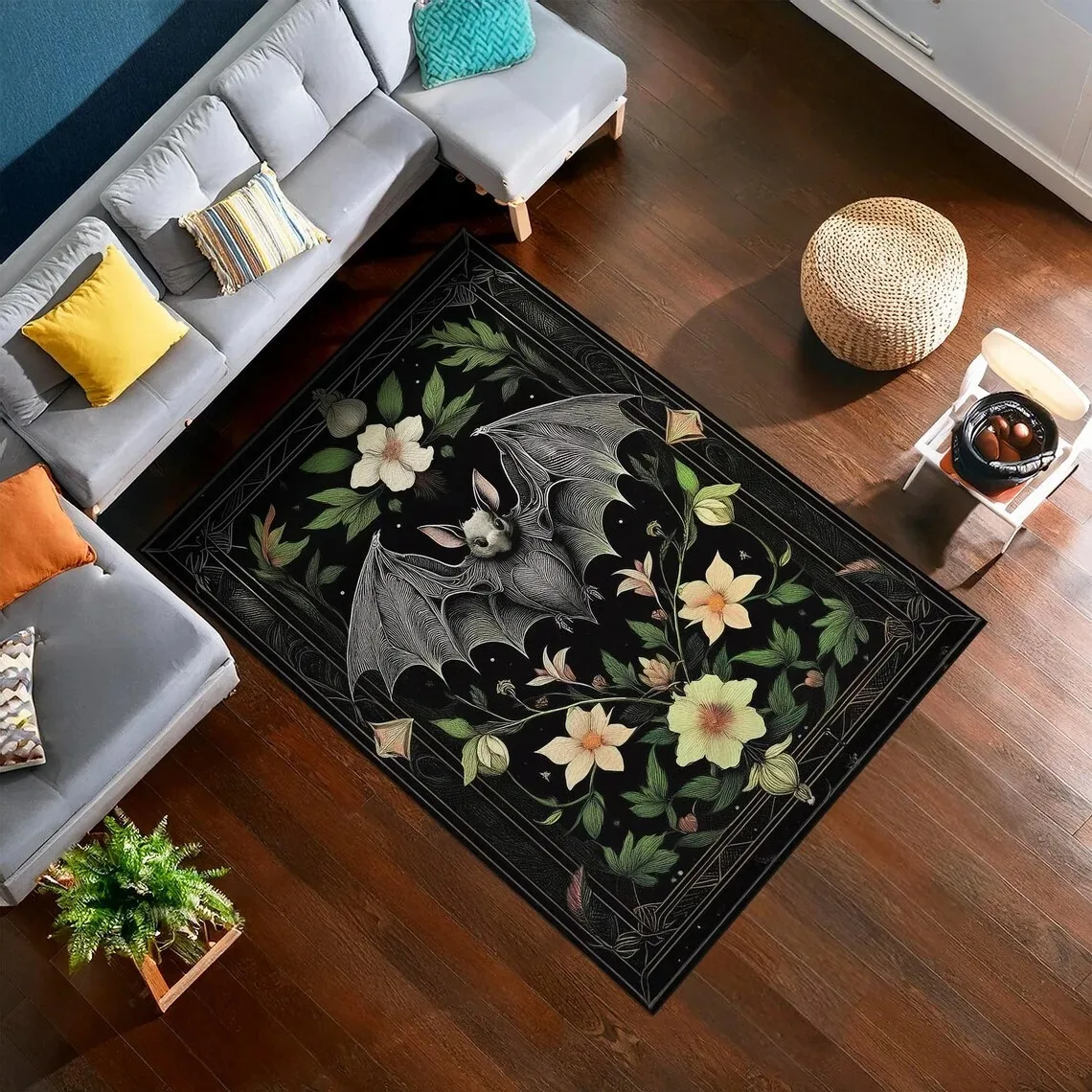 Bat Gothic Rug, Dark Academia Style Floor Rug, Mystical Home Carpet with Bat Design Decor, Halloween Witch Room Floor Mat