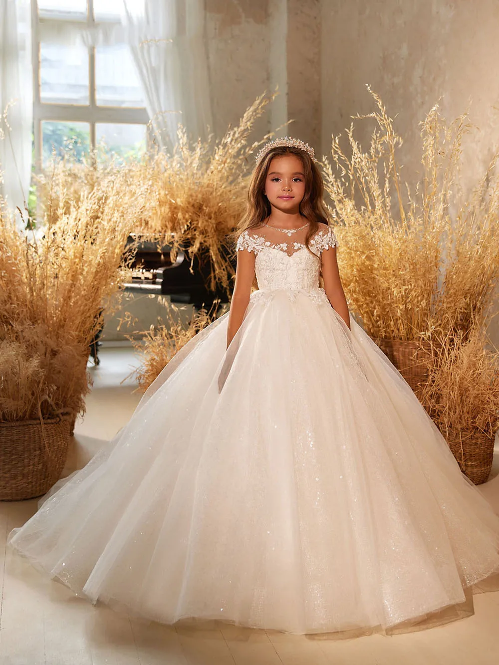 Vestido elegante de flores de marfil para niña, vestido de fiesta de cumpleaños para niños, vestido de baile de princesa, encaje de tul brillante, longitud hasta el suelo