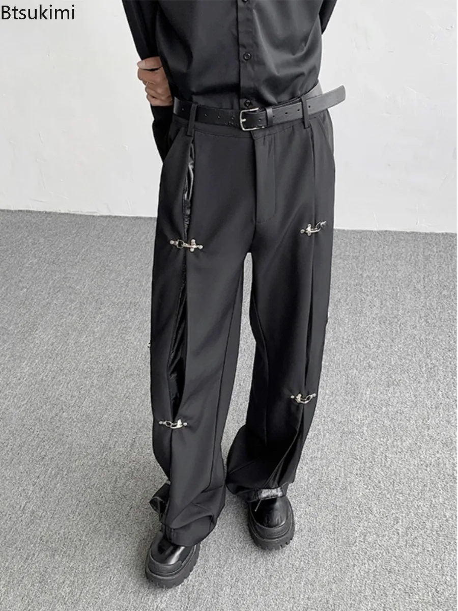 Y2k Style Streetwear Men's Suit Pants Casual Wide Leg Pants Metal Buckle PU Leather Splicing Design Personality Male Trousers