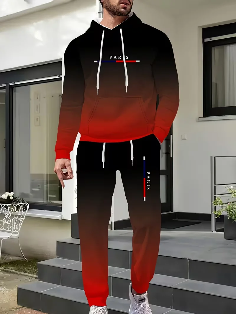 Men's 3D Gradient Paris Print Hooded Sweatshirt Joggers Set Casual Basic Athletic Hoodies Pants 2-piece Outdoor Tracksuit Outfit