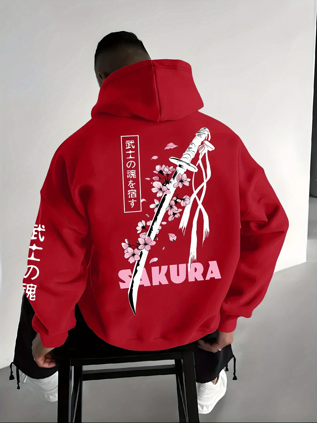 Men's Hoodie - Japanese-style Cherry Blossom Samurai Sword Graphic Print - Eastern Aesthetic Stylish Hoodie