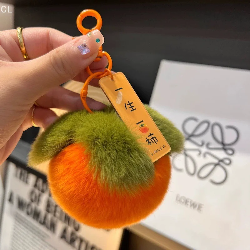 New Real Rabbit Hair Mini Cute Lucky Persimmon Keychains Women Plush Rex Rabbit Fur Car Key Chain Bag Decoration Pendant Gift